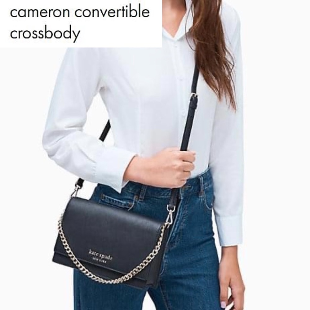 NWT Kate Spade Black Cameron Convertible Medium Size Crossbody Leather Handbag